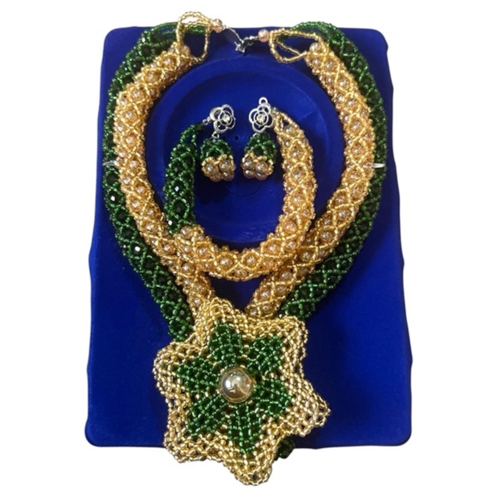 African Gold & Green Star Jewelry, 3PC Set
